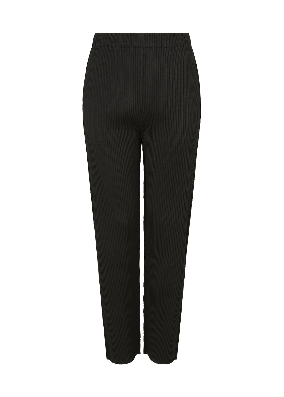 The MIX FINE KNIT PLEATS BOTTOM by me ISSEY MIYAKE features black, high-waisted, straight-leg pants with fine knit pleats and a subtle vertical ribbed texture, displayed on a plain white background. view 2 of 7