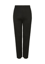 The MIX FINE KNIT PLEATS BOTTOM by me ISSEY MIYAKE features black, high-waisted, straight-leg pants with fine knit pleats and a subtle vertical ribbed texture, displayed on a plain white background. - BLACK-HUED （no.19）