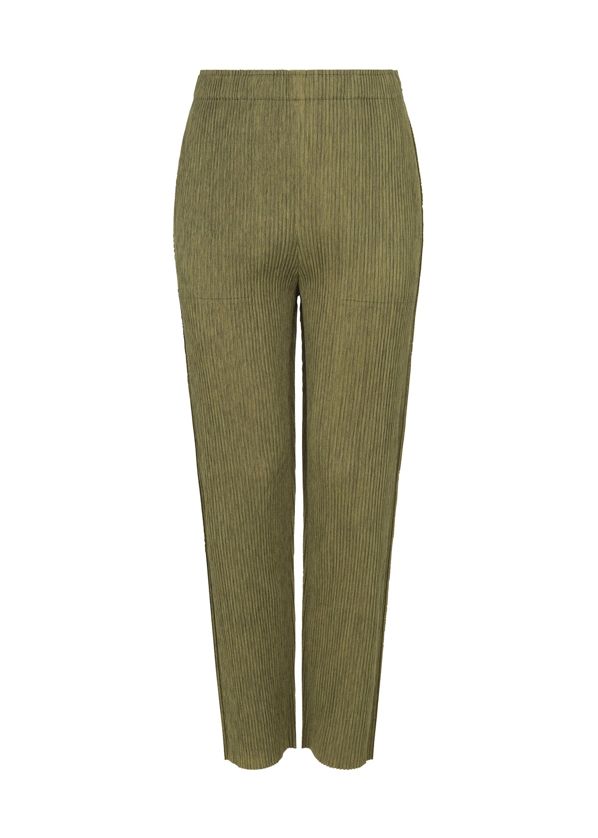 Zoomed view The MIX FINE KNIT PLEATS BOTTOM by me ISSEY MIYAKE features straight-leg olive green pants with fine pleats, an elastic waistband, and subtle ribbing, shown on a plain white background. - YELLOW-HUED （no.59）