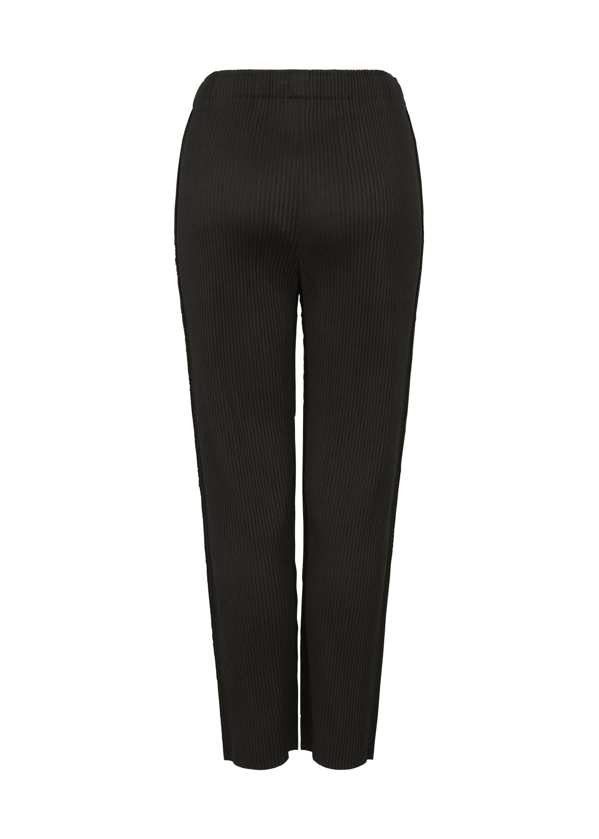The MIX FINE KNIT PLEATS BOTTOM by me ISSEY MIYAKE is shown from the back in black, featuring ribbed, high-waisted fine knit fabric and a straight-leg cut against a white background. view 5 of 7