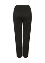 The MIX FINE KNIT PLEATS BOTTOM by me ISSEY MIYAKE is shown from the back in black, featuring ribbed, high-waisted fine knit fabric and a straight-leg cut against a white background.