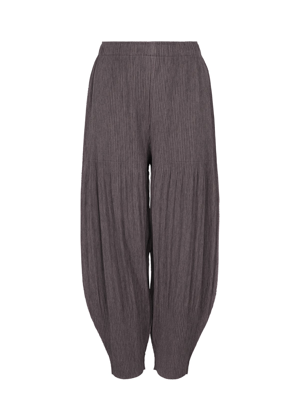 The MIX FINE KNIT PLEATS BOTTOM by me ISSEY MIYAKE is a loose-fitting, gray pleated pant with an elastic waist and tapered balloon silhouette, shown on a white background. view 1 of 7