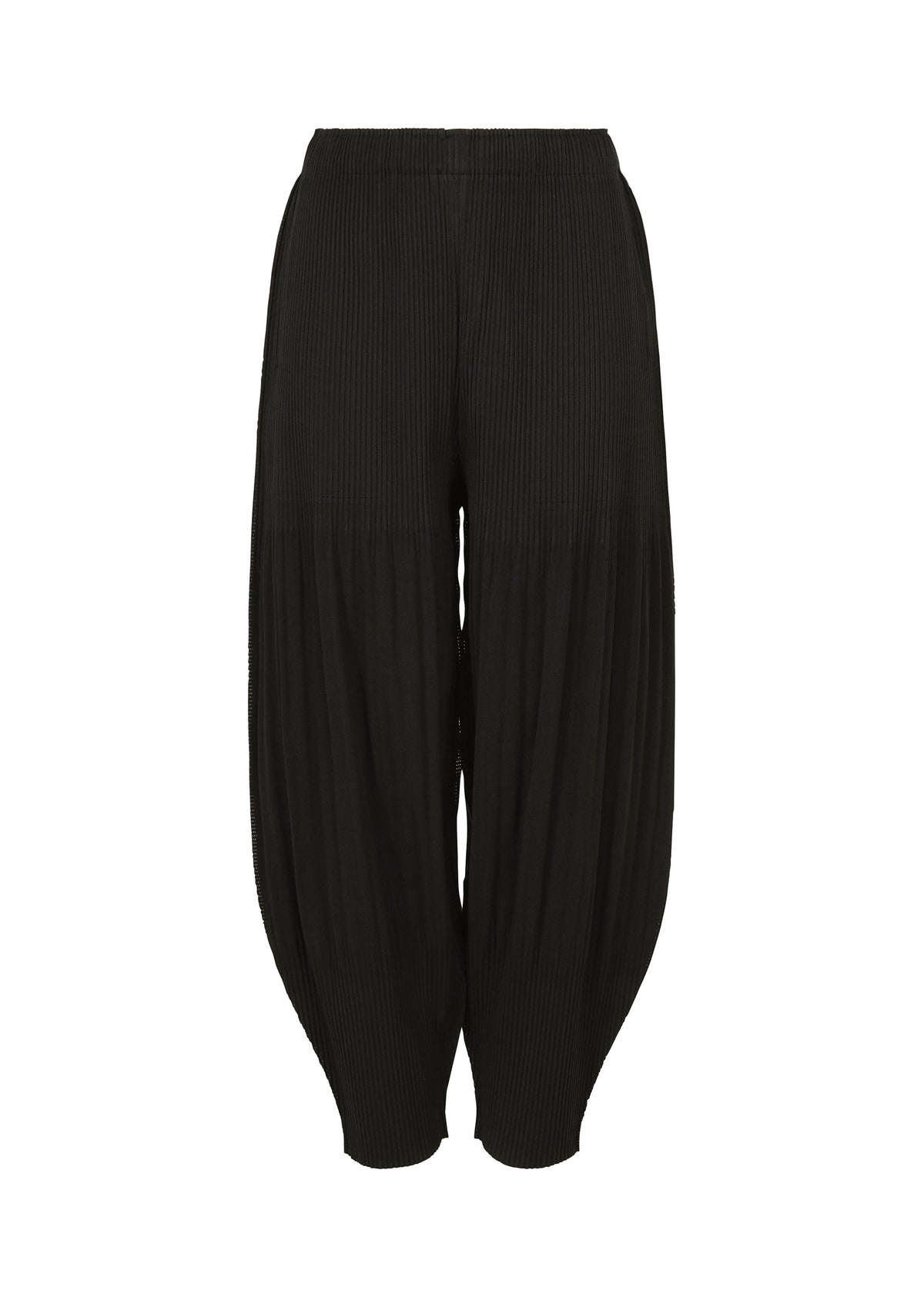 MIX FINE KNIT PLEATS BOTTOM by me ISSEY MIYAKE: Black pants with an elastic waistband, tapered ankles, relaxed voluminous fit, and subtle vertical ribbed melange texture. view 2 of 7