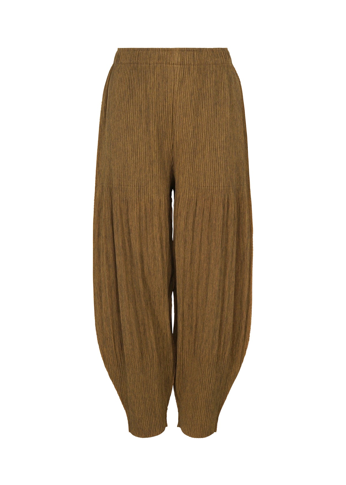 Zoomed view MIX FINE KNIT PLEATS BOTTOM by me ISSEY MIYAKE—loose-fitting brown pants with a high waist, tapered ankles, and subtle melange texture, shown on a plain white background. - ORANGE-HUED （no.39）
