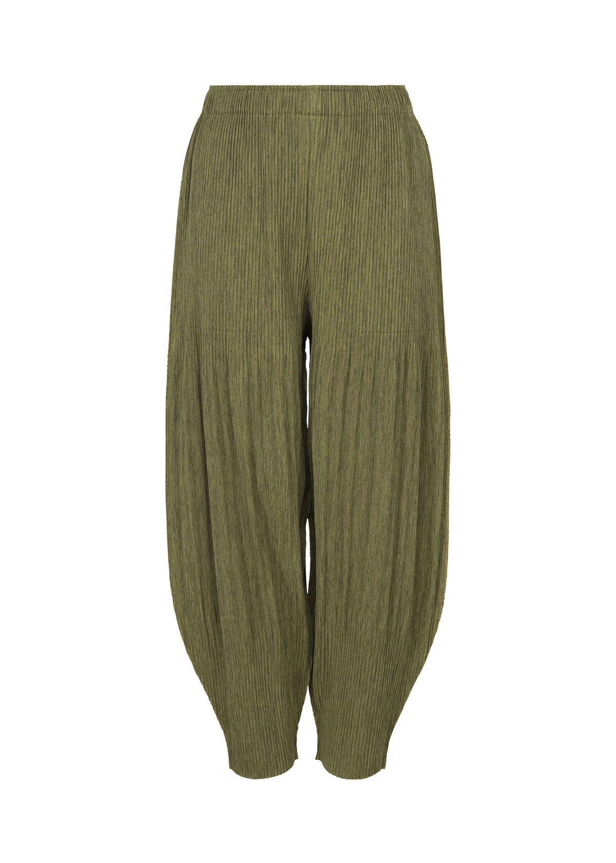 Zoomed view MIX FINE KNIT PLEATS BOTTOM by me ISSEY MIYAKE in olive green, featuring a loose fit, melange texture, elastic waistband, and tapered ankles; shown on a white background. - YELLOW-HUED （no.59）