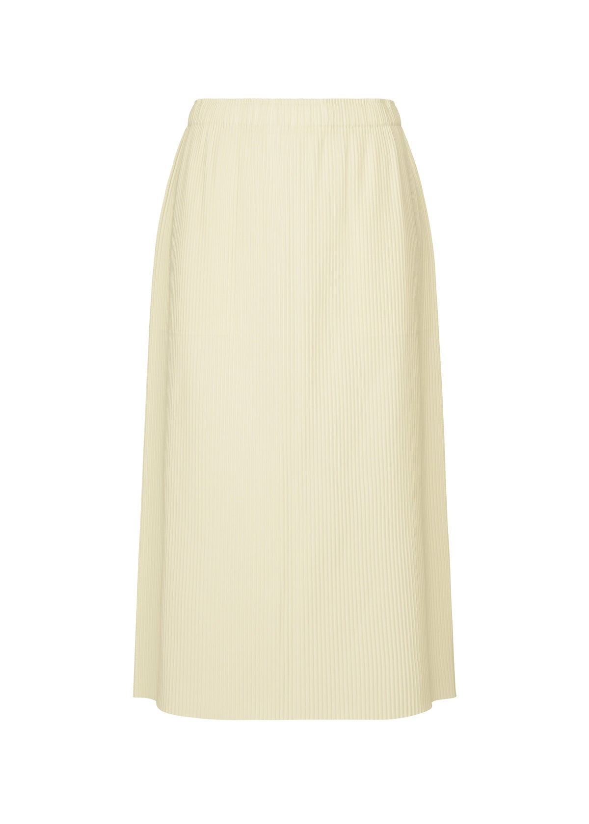 The FINE KNIT PLEATS skirt by me ISSEY MIYAKE is a long, cream-colored skirt with fine pleats and an elastic waistband, shown against a plain white background. view 1 of 7