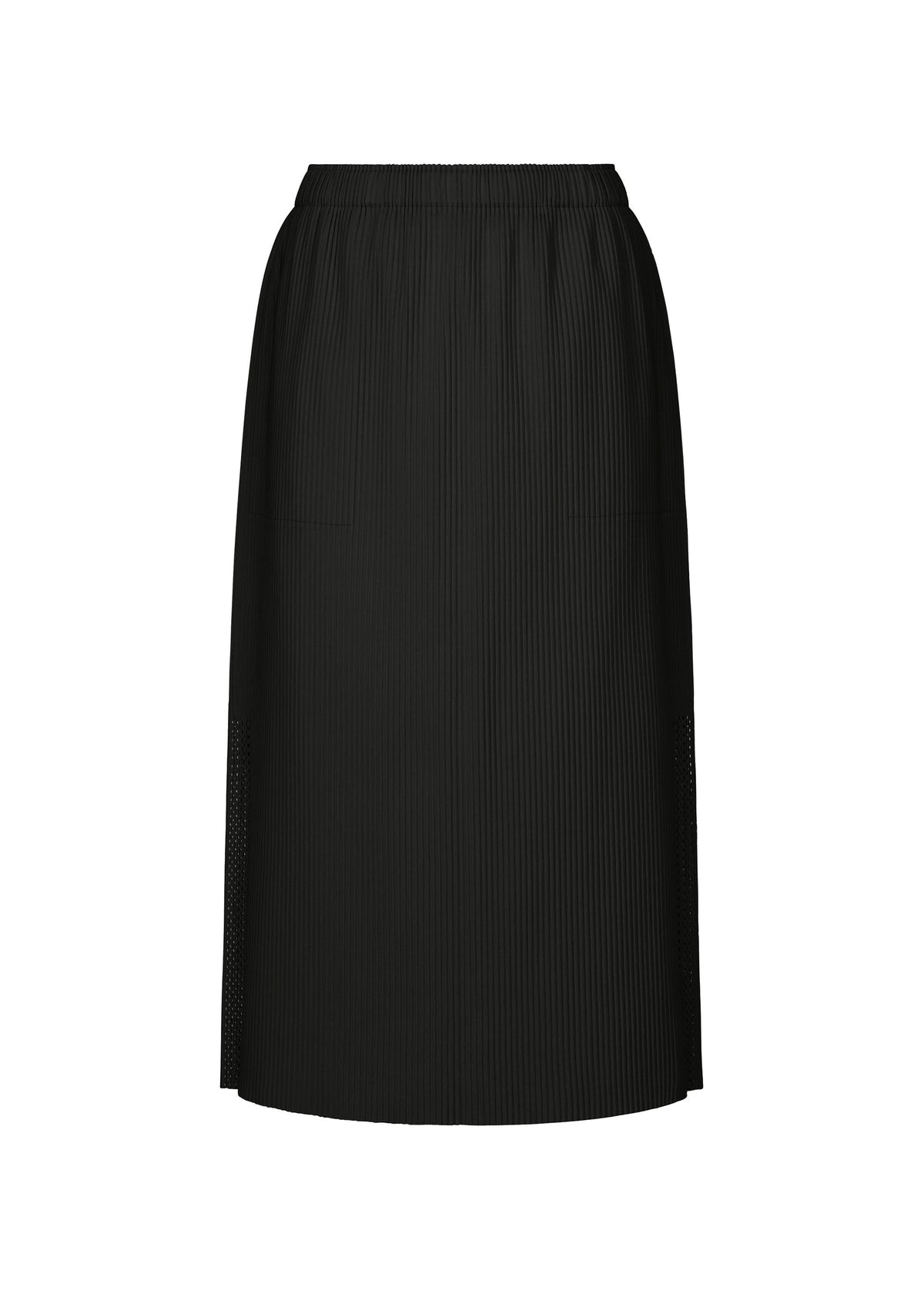 MESH PLEATS by me ISSEY MIYAKE: a black knee-length knit skirt featuring fine vertical pleats, elastic waistband, and subtle side mesh panels, shown against a white background. view 1 of 7