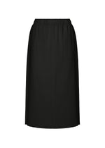 MESH PLEATS by me ISSEY MIYAKE: a black knee-length knit skirt featuring fine vertical pleats, elastic waistband, and subtle side mesh panels, shown against a white background. - BLACK （no.15）
