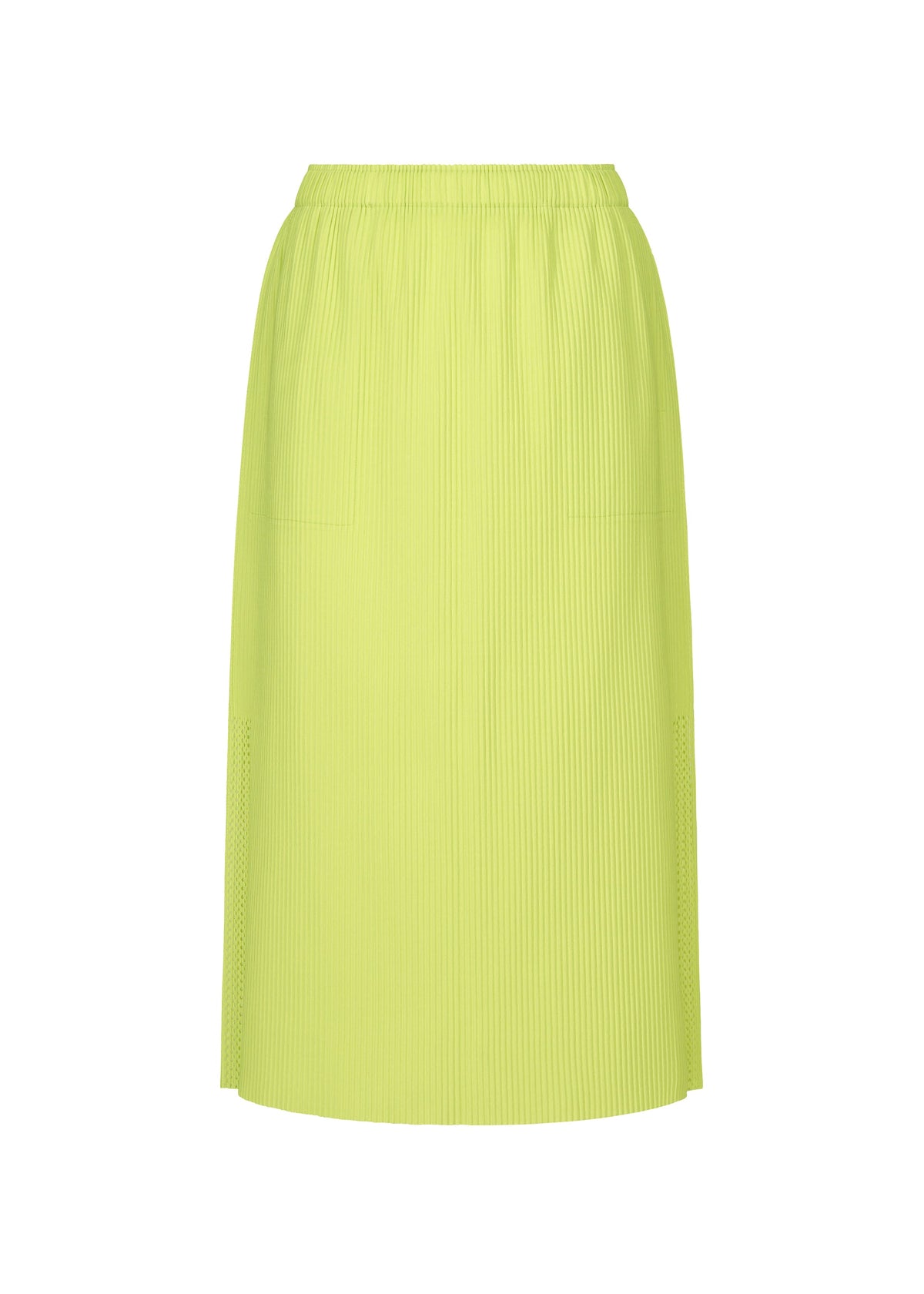 The MESH PLEATS skirt by me ISSEY MIYAKE is a bright yellow-green, knee-length pleated knit with an elastic waistband and small side slits. Simple and unadorned, this fine knit skirt is shown against a white background. view 2 of 7