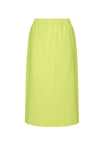 The MESH PLEATS skirt by me ISSEY MIYAKE is a bright yellow-green, knee-length pleated knit with an elastic waistband and small side slits. Simple and unadorned, this fine knit skirt is shown against a white background. - LIME YELLOW （no.51）