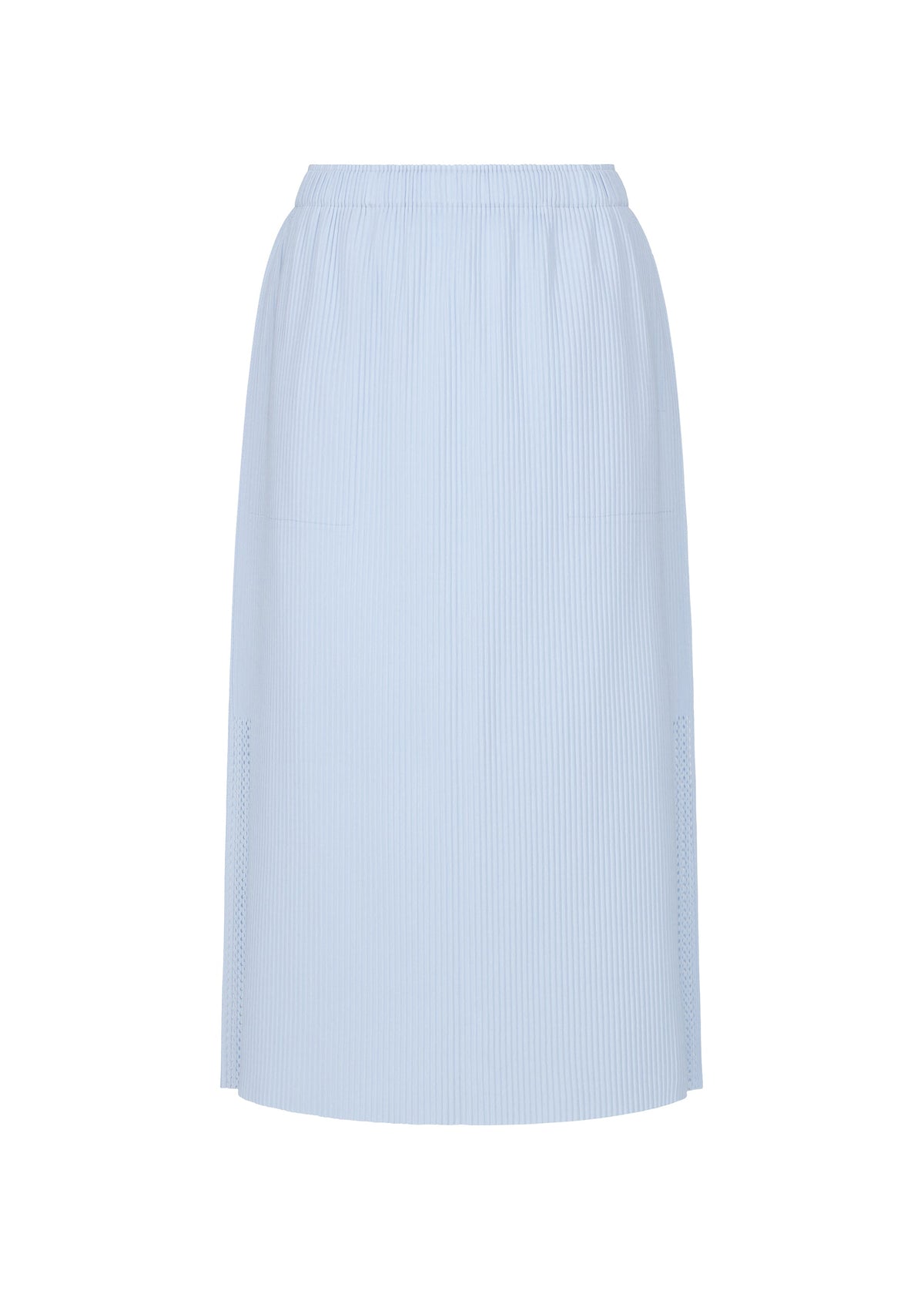 The MESH PLEATS skirt by me ISSEY MIYAKE is light blue, knee-length, with a subtle vertical pinstripe, elastic waistband, small side slits, and a simple straight silhouette. view 3 of 7