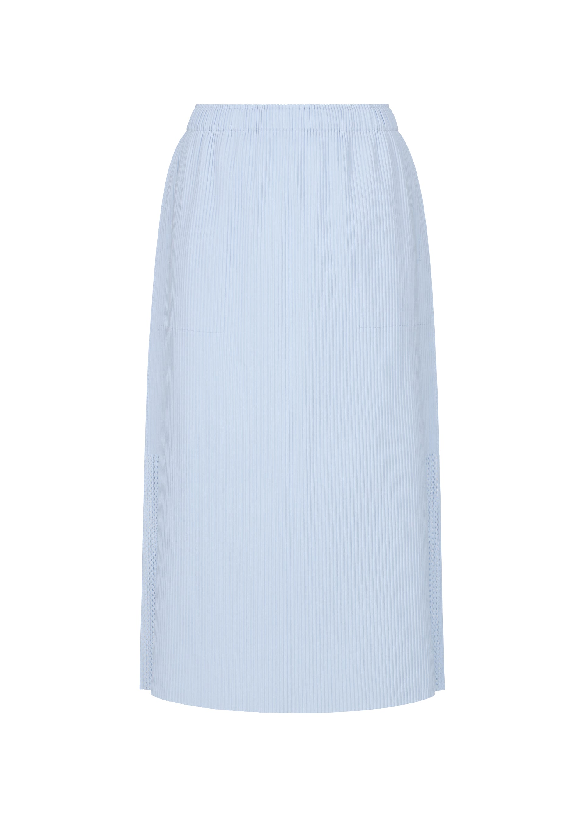 Zoomed view The MESH PLEATS skirt by me ISSEY MIYAKE is light blue, knee-length, with a subtle vertical pinstripe, elastic waistband, small side slits, and a simple straight silhouette. - FOGGY BLUE （no.71）