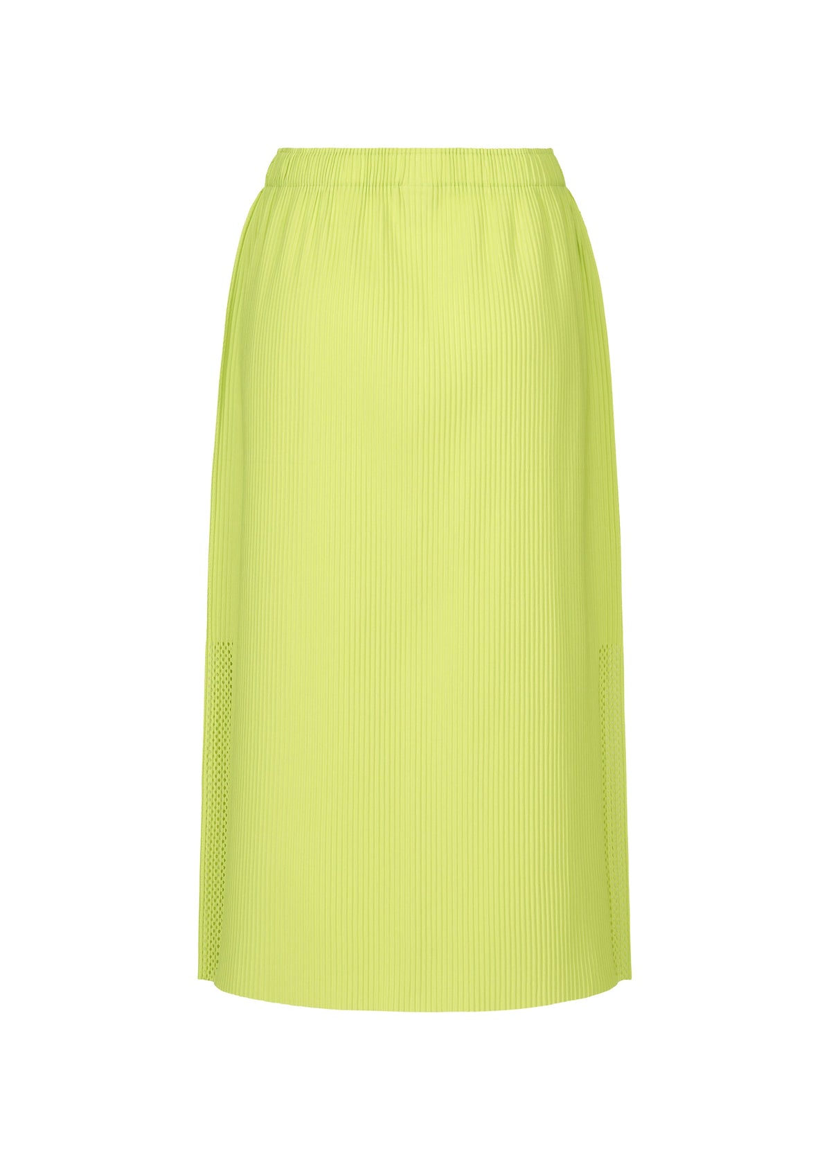 The MESH PLEATS skirt by me ISSEY MIYAKE is a knee-length, high-waisted pleated knit in bright yellow-green with a soft feel and simple elastic waistband, shown against a plain white background. view 4 of 7