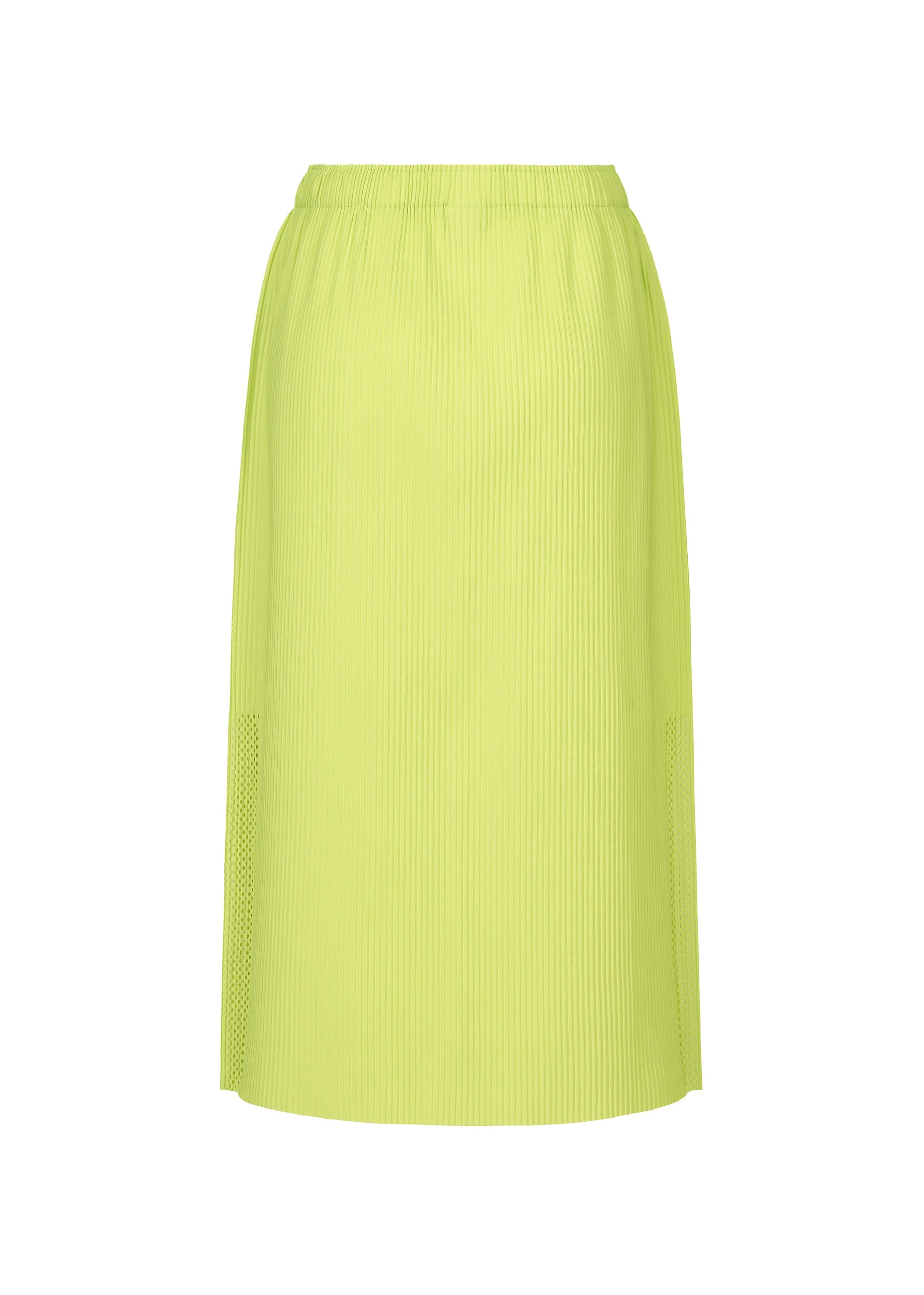 Zoomed view The MESH PLEATS skirt by me ISSEY MIYAKE is a knee-length, high-waisted pleated knit in bright yellow-green with a soft feel and simple elastic waistband, shown against a plain white background.