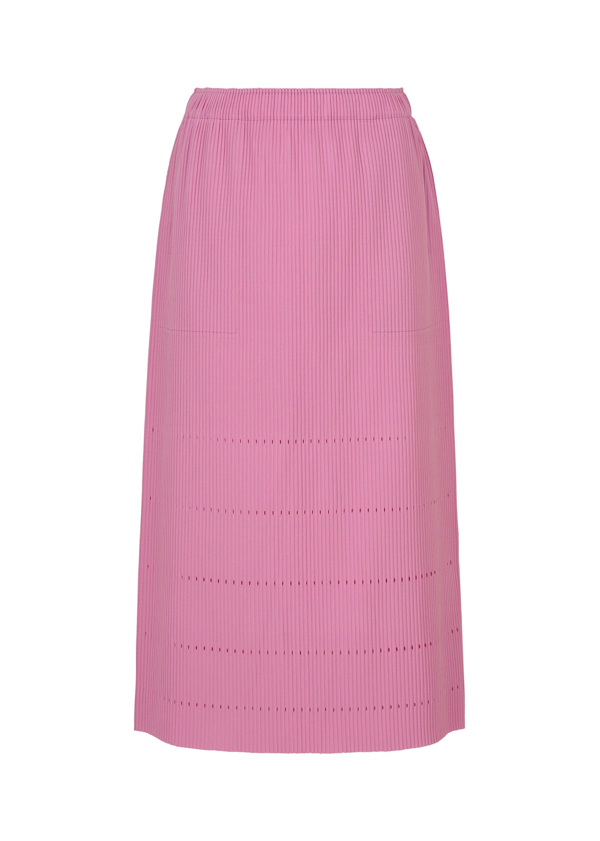 The FINE KNIT PLEATS BOTTOM 1 by me ISSEY MIYAKE is a knee-length pink knit skirt featuring vertical pleats, small horizontal cutout details, and an elastic waistband. view 1 of 8