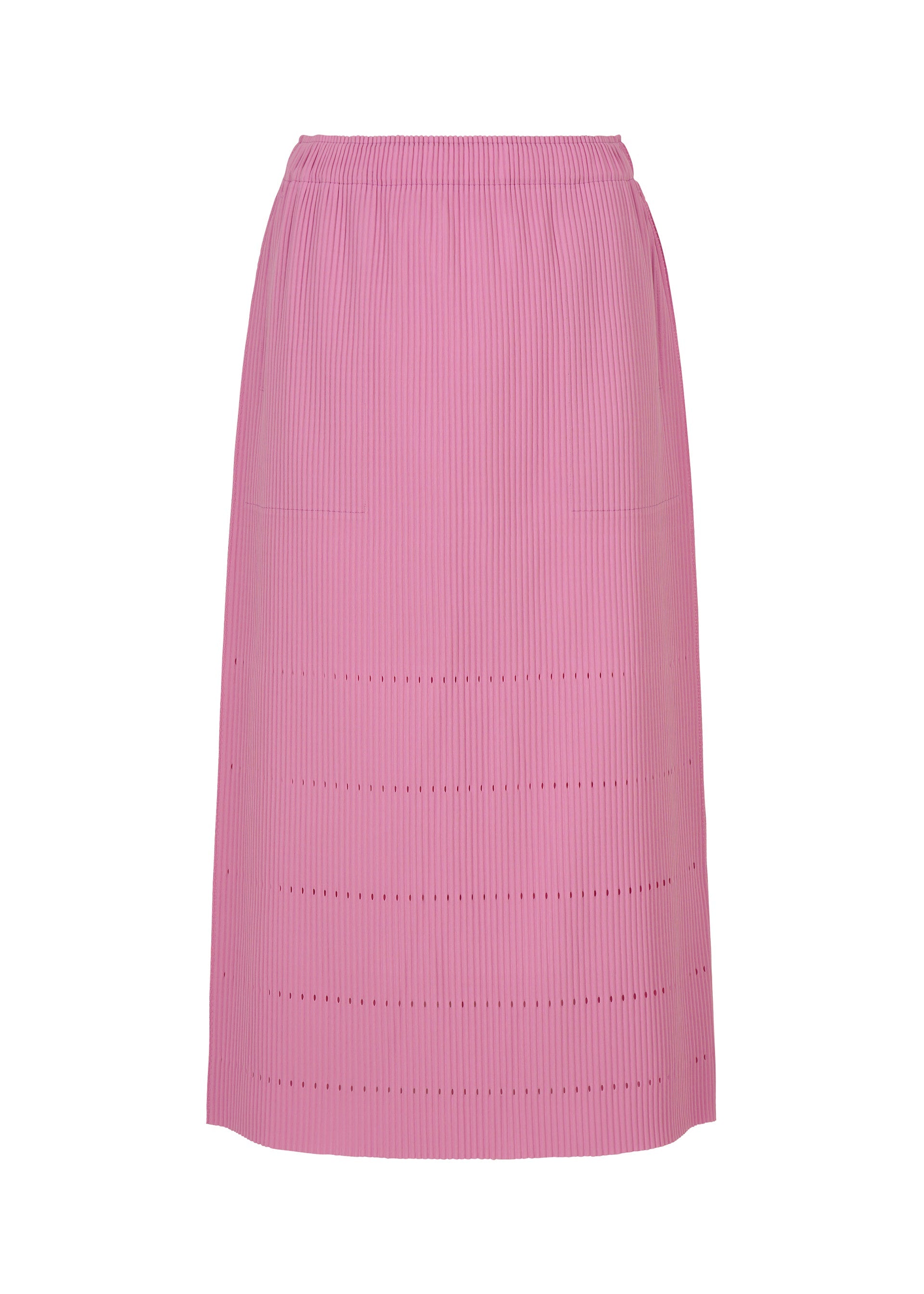 Zoomed view The FINE KNIT PLEATS BOTTOM 1 by me ISSEY MIYAKE is a knee-length pink knit skirt featuring vertical pleats, small horizontal cutout details, and an elastic waistband. - ROSE PINK （no.20）