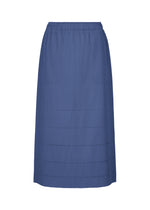 Introducing the FINE KNIT PLEATS BOTTOM 1 from me ISSEY MIYAKE: a blue, knee-length skirt featuring vertical pleats and subtle horizontal perforated lines, complete with an elastic waistband. This simple yet elegant knit piece is perfect for both casual and semi-formal occasions. - BLUE （no.72）