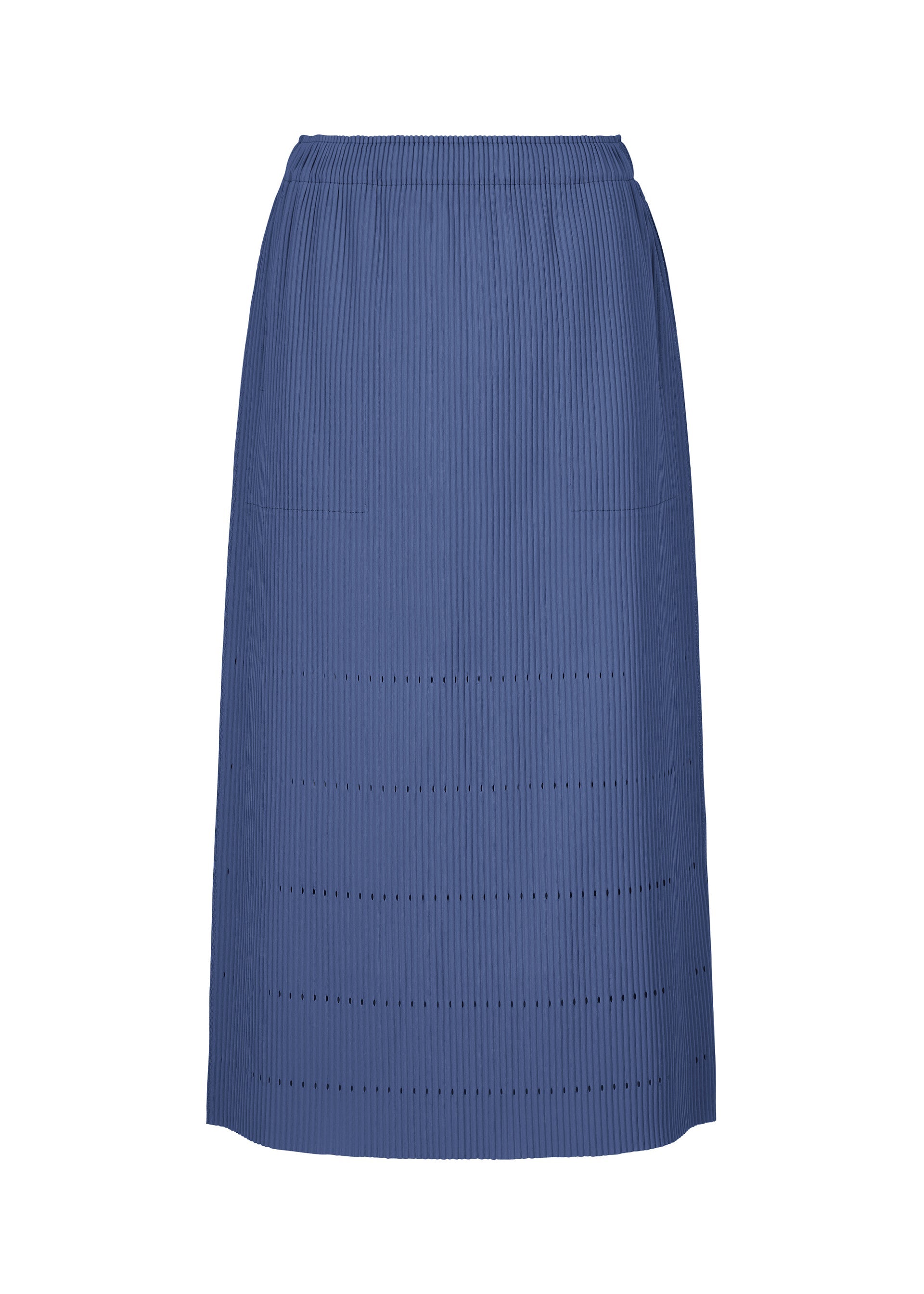 Zoomed view Introducing the FINE KNIT PLEATS BOTTOM 1 from me ISSEY MIYAKE: a blue, knee-length skirt featuring vertical pleats and subtle horizontal perforated lines, complete with an elastic waistband. This simple yet elegant knit piece is perfect for both casual and semi-formal occasions. - BLUE （no.72）