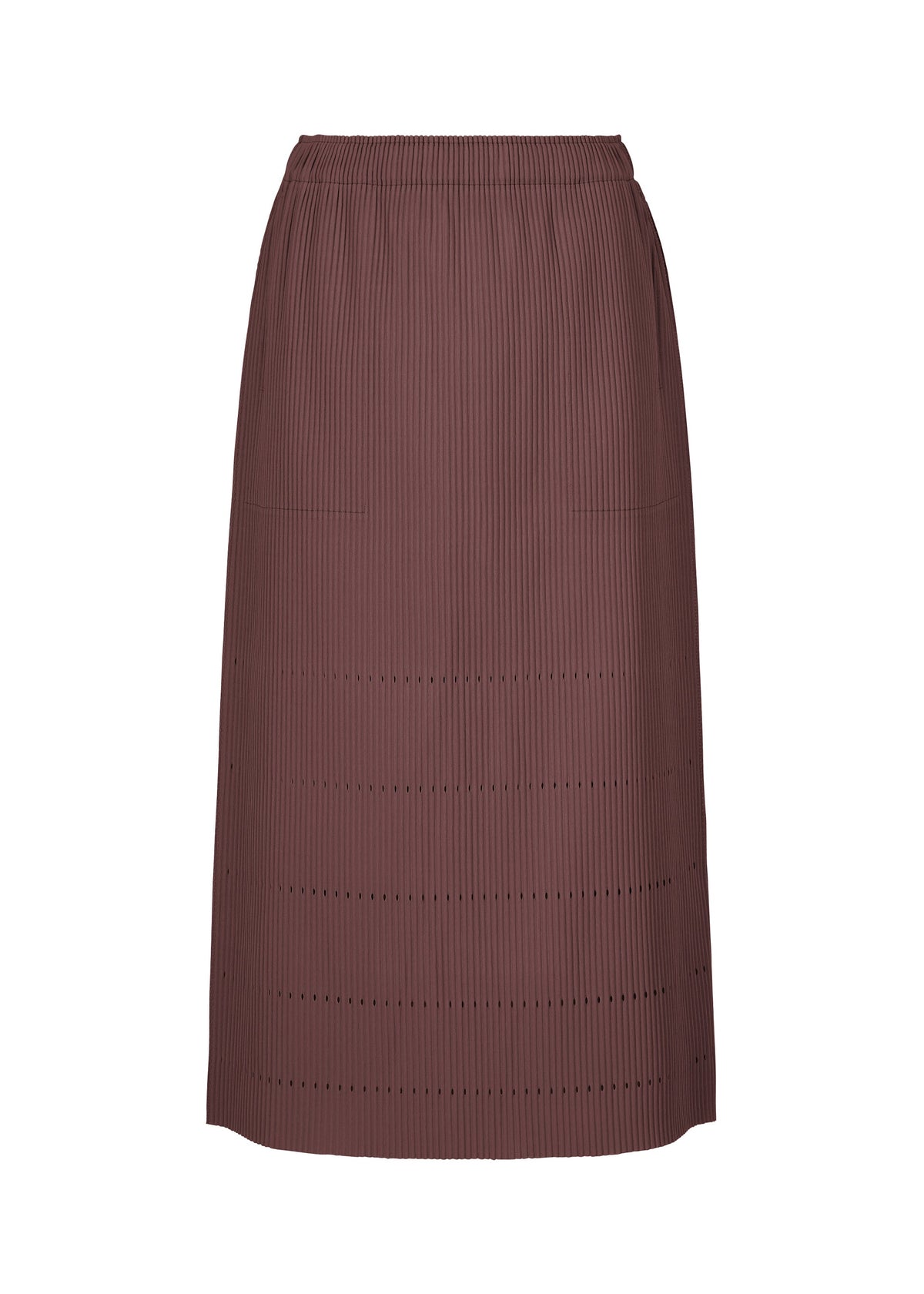 The FINE KNIT PLEATS BOTTOM 1 from me ISSEY MIYAKE is a brown, knee-length skirt featuring a subtle vertical pleated texture with horizontal dotted lines. Designed with an elastic waistband and no visible fasteners or embellishments, the skirt is showcased against a plain white background. view 3 of 8