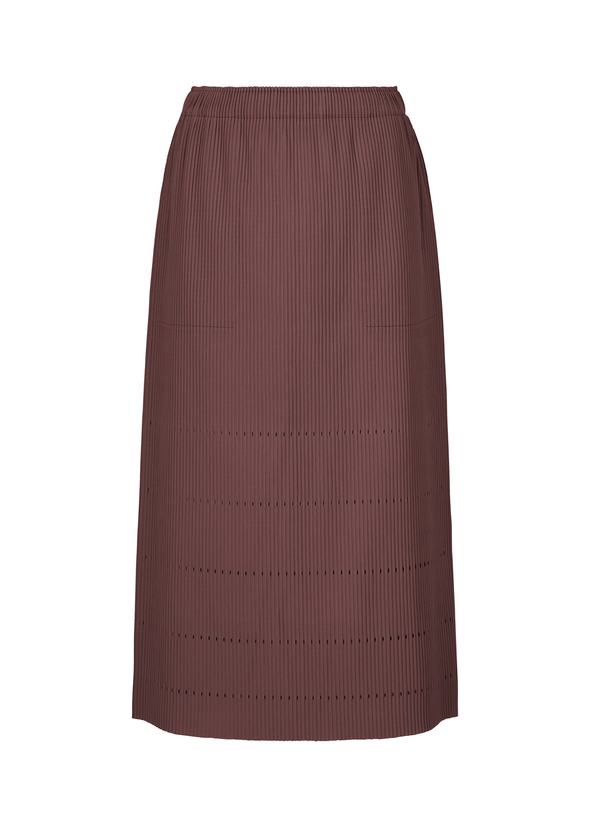Zoomed view The FINE KNIT PLEATS BOTTOM 1 from me ISSEY MIYAKE is a brown, knee-length skirt featuring a subtle vertical pleated texture with horizontal dotted lines. Designed with an elastic waistband and no visible fasteners or embellishments, the skirt is showcased against a plain white background. - BORDEAUX （no.84）