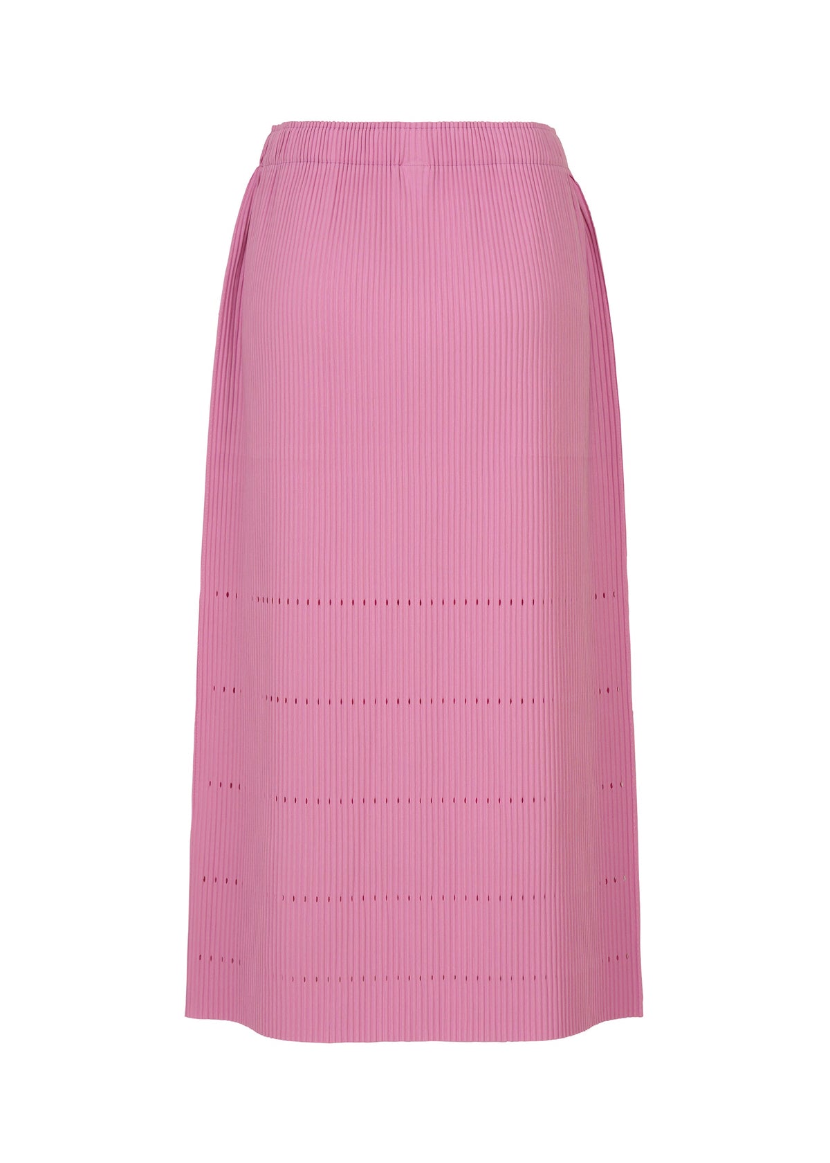 A mid-length skirt from me ISSEY MIYAKE, the FINE KNIT PLEATS BOTTOM 1, in pink, features vertical fine knit pleats and subtle horizontal cut-out accents near the hem. view 4 of 8