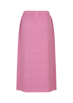 A mid-length skirt from me ISSEY MIYAKE, the FINE KNIT PLEATS BOTTOM 1, in pink, features vertical fine knit pleats and subtle horizontal cut-out accents near the hem.
