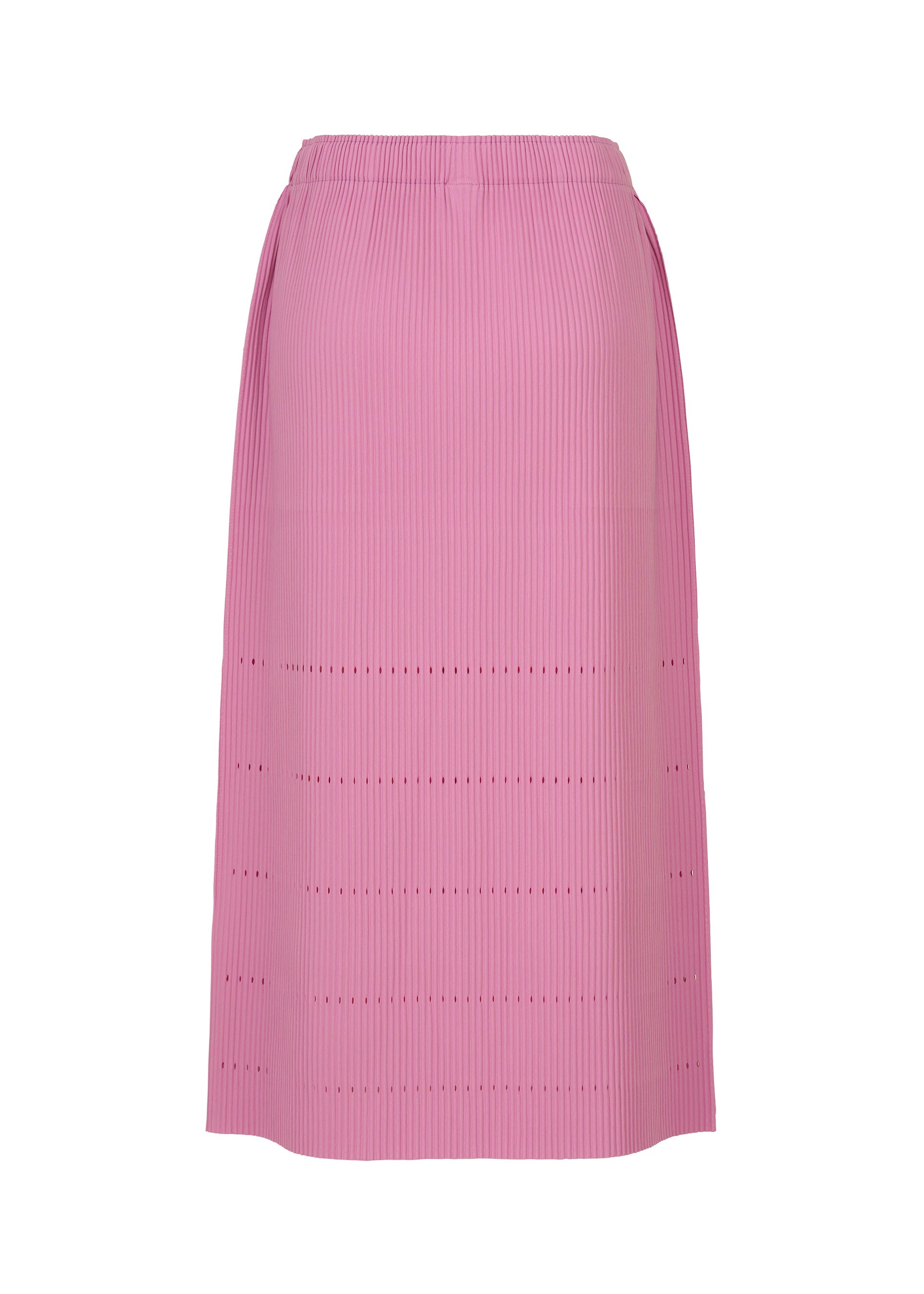 Zoomed view A mid-length skirt from me ISSEY MIYAKE, the FINE KNIT PLEATS BOTTOM 1, in pink, features vertical fine knit pleats and subtle horizontal cut-out accents near the hem.