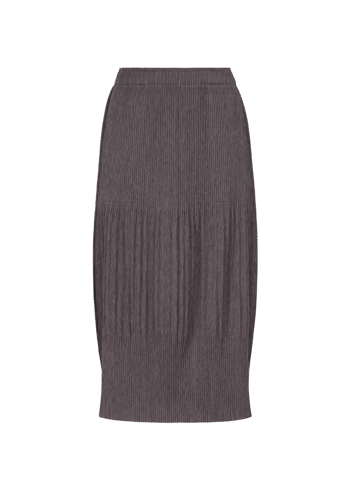 Zoomed view The MIX FINE KNIT PLEATS BOTTOM by me ISSEY MIYAKE is a high-waisted, dark gray skirt with a fitted, knee-length silhouette and refined ribbed pleats. - TAUPE-HUED （no.18）