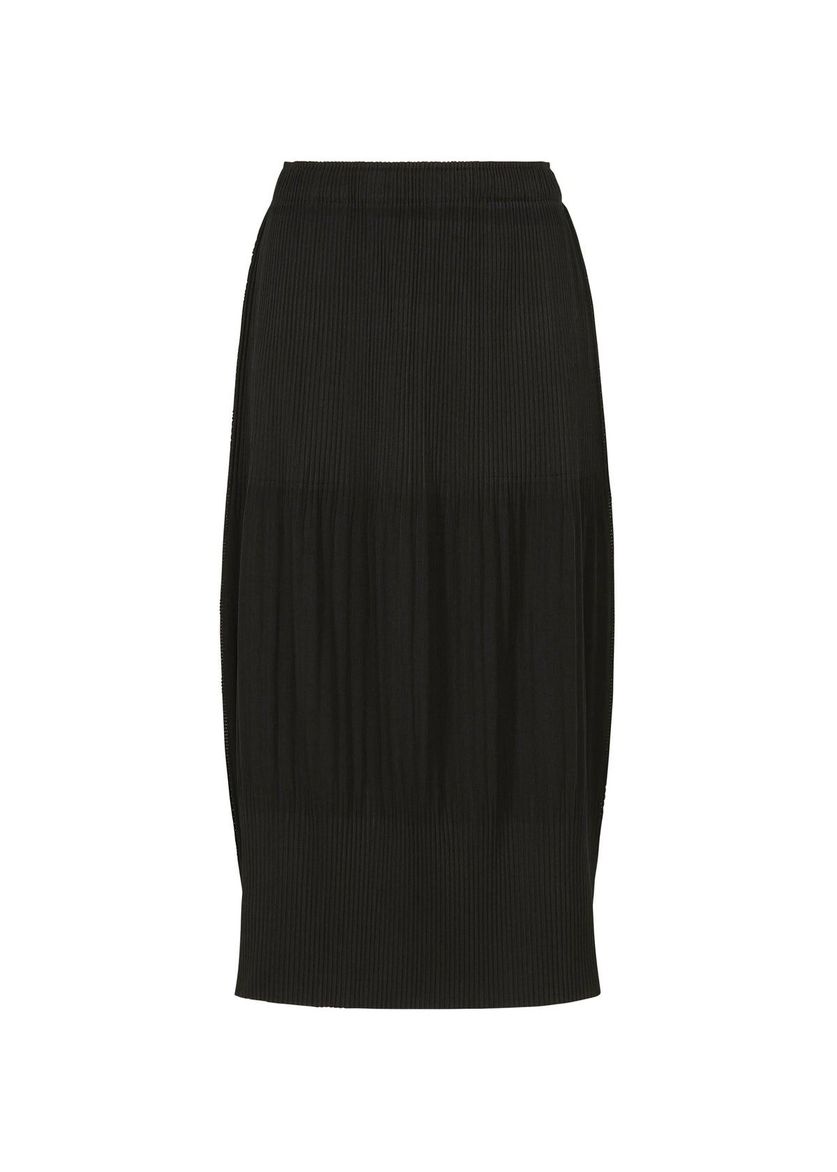 The MIX FINE KNIT PLEATS BOTTOM by me ISSEY MIYAKE is a black, knee-length pleated knit skirt with an elastic waistband, displayed against a white background. view 2 of 8