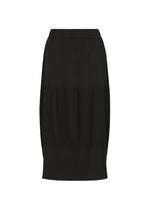 The MIX FINE KNIT PLEATS BOTTOM by me ISSEY MIYAKE is a black, knee-length pleated knit skirt with an elastic waistband, displayed against a white background. - BLACK-HUED （no.19）