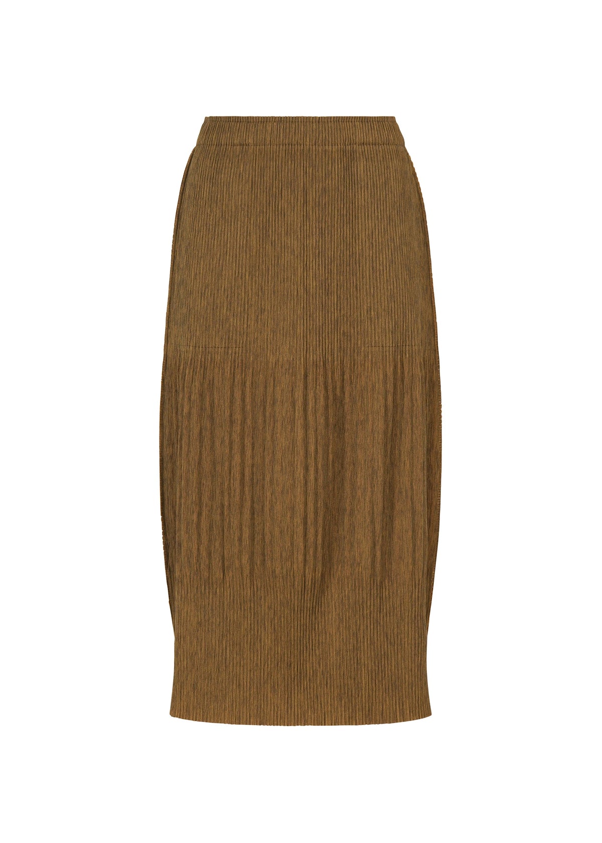 MIX FINE KNIT PLEATS BOTTOM by me ISSEY MIYAKE in brown, featuring a high waist and subtle vertical ribbed pleats, shown against a plain white background. view 3 of 8