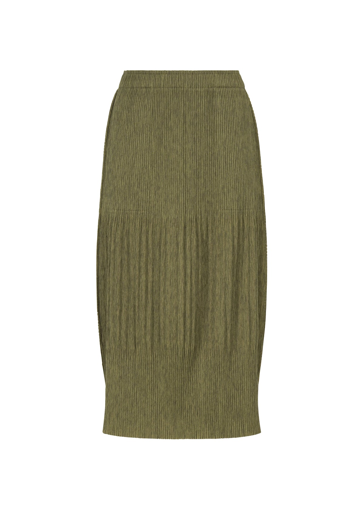 Zoomed view The MIX FINE KNIT PLEATS BOTTOM by me ISSEY MIYAKE is an olive green, ribbed knit midi skirt with a melange texture, vertical pattern, and subtle gathering below the hips, shown on a white background. - YELLOW-HUED （no.59）