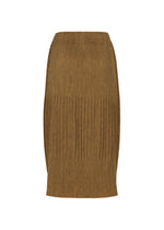 The MIX FINE KNIT PLEATS BOTTOM by me ISSEY MIYAKE is a brown ribbed, high-waisted pencil skirt with a straight, fitted silhouette, displayed on a plain white background.