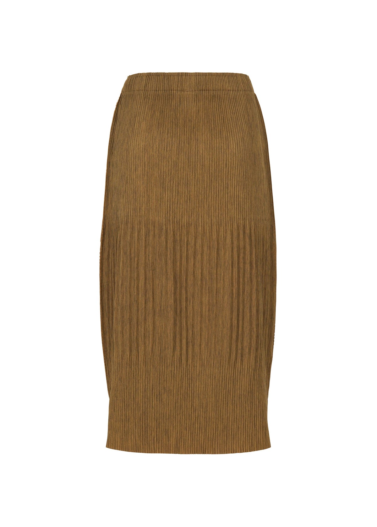 Zoomed view The MIX FINE KNIT PLEATS BOTTOM by me ISSEY MIYAKE is a brown ribbed, high-waisted pencil skirt with a straight, fitted silhouette, displayed on a plain white background.