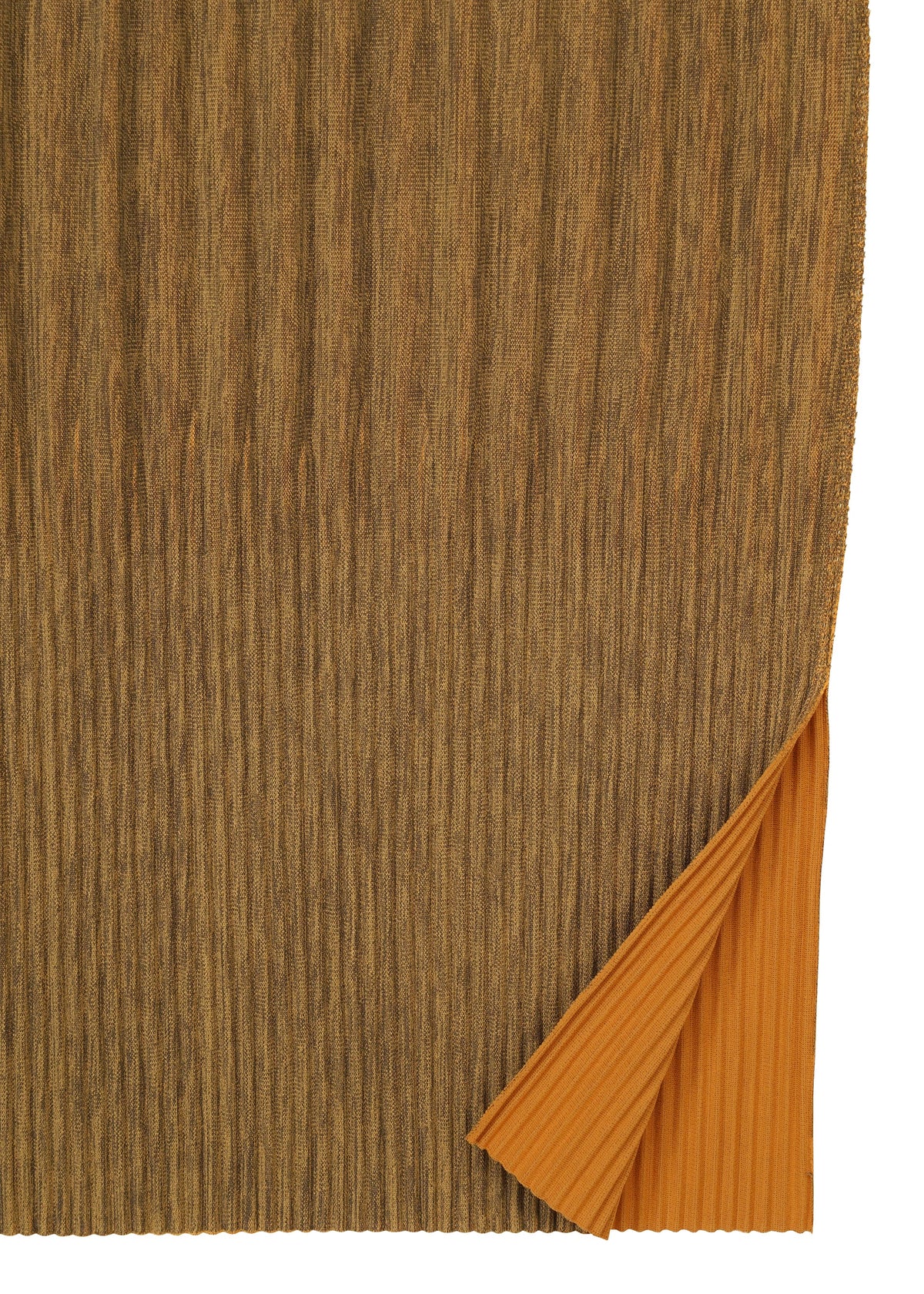 Zoomed view A textured brown fabric with subtle vertical stripes is partially folded to reveal an orange ribbed underside—perfect for the MIX FINE KNIT PLEATS BOTTOM by me ISSEY MIYAKE.