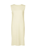 The me ISSEY MIYAKE FINE KNIT PLEATS dress is sleeveless, light cream-colored with a round neckline and relaxed straight silhouette, displayed against a plain white background. - WHITE （no.01）