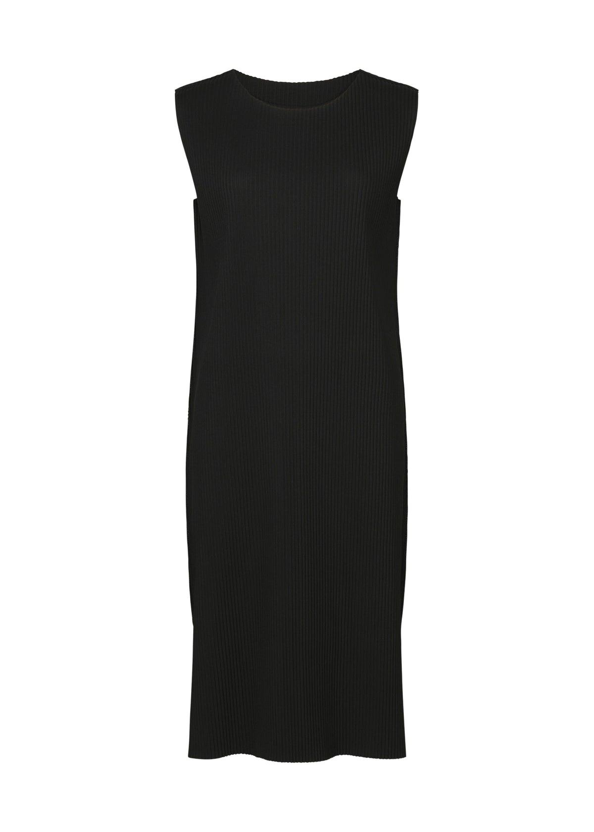 The FINE KNIT PLEATS dress by me ISSEY MIYAKE is a sleeveless, knee-length black knit featuring a round neckline and relaxed straight fit, shown against a white background. view 2 of 7
