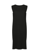 The FINE KNIT PLEATS dress by me ISSEY MIYAKE is a sleeveless, knee-length black knit featuring a round neckline and relaxed straight fit, shown against a white background. - BLACK （no.15）
