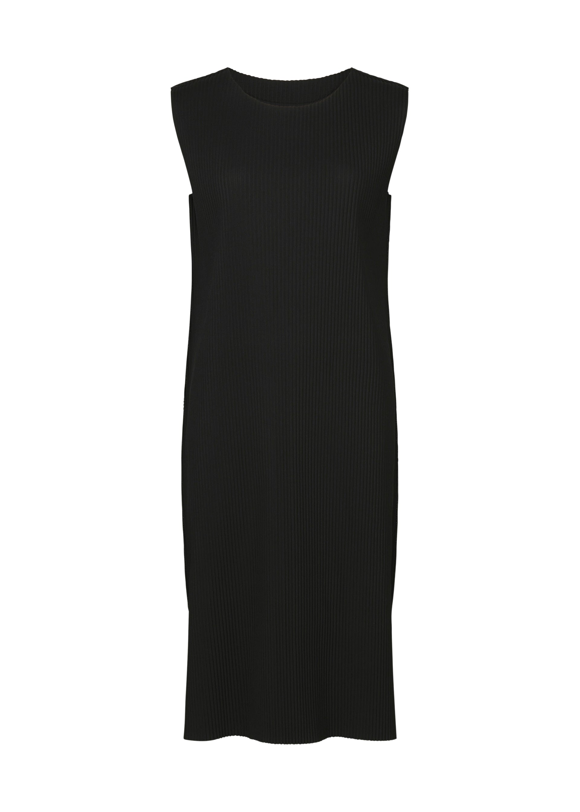 Zoomed view The FINE KNIT PLEATS dress by me ISSEY MIYAKE is a sleeveless, knee-length black knit featuring a round neckline and relaxed straight fit, shown against a white background. - BLACK （no.15）