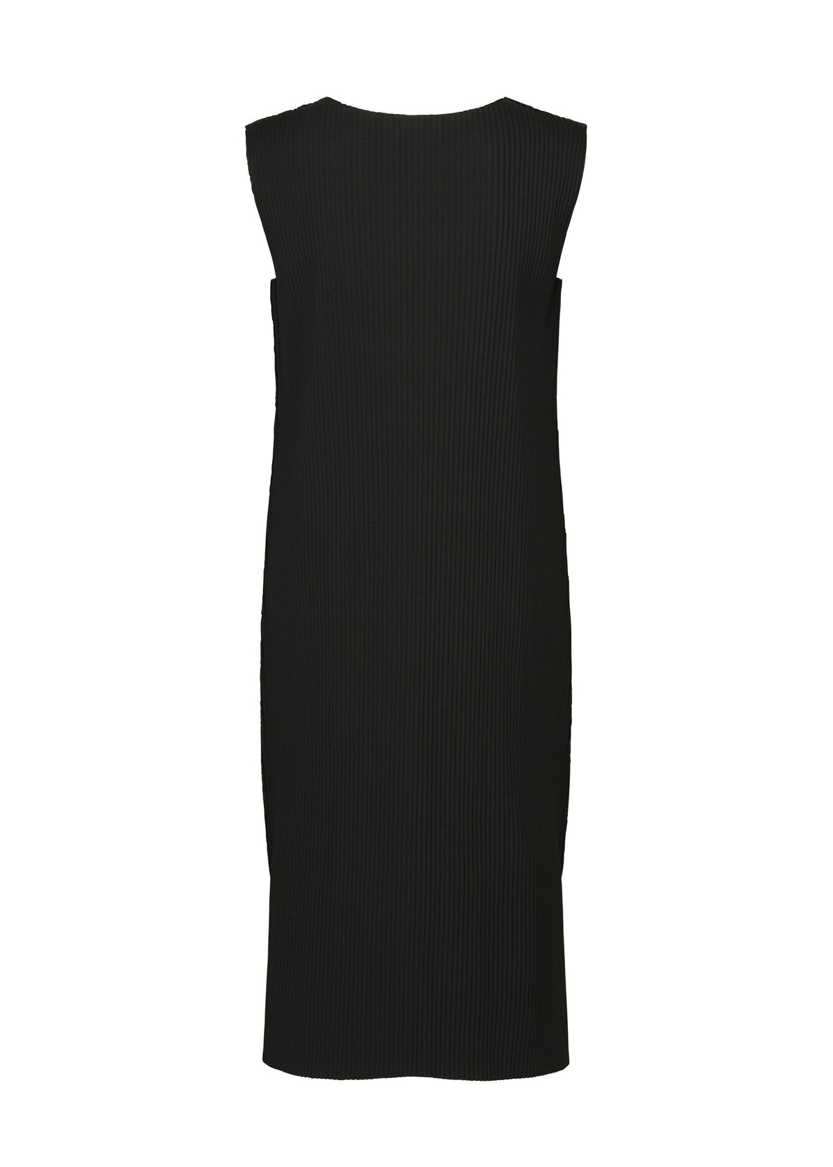 The FINE KNIT PLEATS dress by me ISSEY MIYAKE is a sleeveless, knee-length black knit with a straight cut and subtle vertical ribbing, featuring fine knit pleats, shown from the back against a white background. view 3 of 7