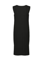 The FINE KNIT PLEATS dress by me ISSEY MIYAKE is a sleeveless, knee-length black knit with a straight cut and subtle vertical ribbing, featuring fine knit pleats, shown from the back against a white background.