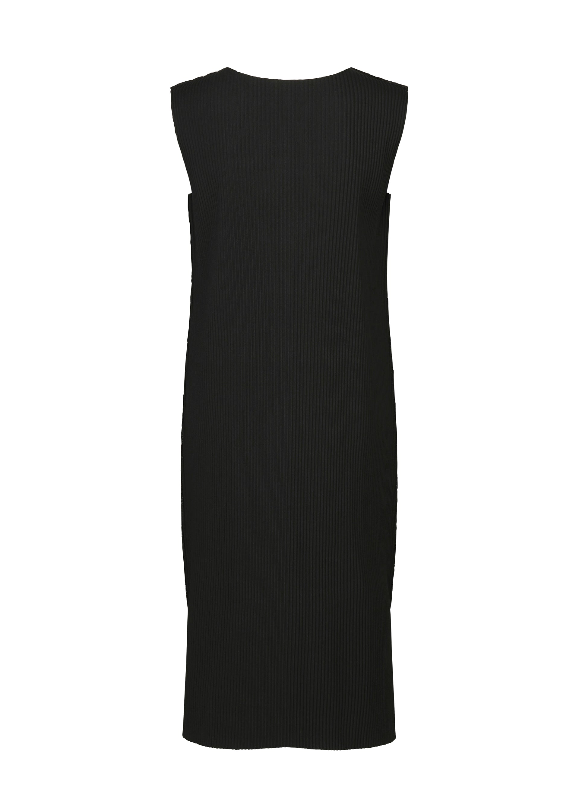 Zoomed view The FINE KNIT PLEATS dress by me ISSEY MIYAKE is a sleeveless, knee-length black knit with a straight cut and subtle vertical ribbing, featuring fine knit pleats, shown from the back against a white background.