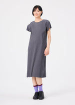 A person with short black hair wears the me ISSEY MIYAKE FINE KNIT PLEATS COLOR 2 dress in gray, styled loosely with short sleeves, paired with purple patterned socks and black shoes, standing against a plain white background.