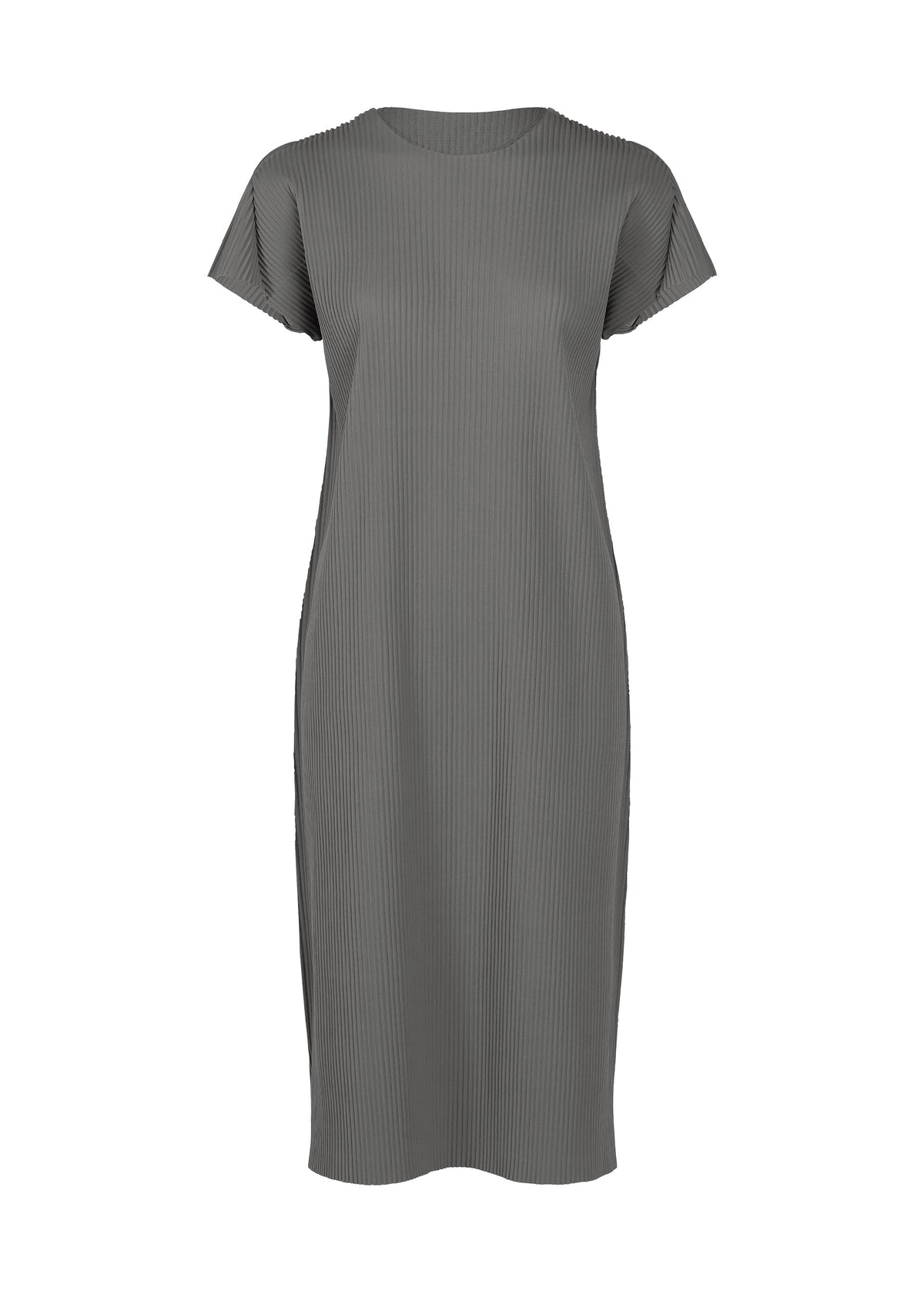 The “FINE KNIT PLEATS COLOR 2” dress from me ISSEY MIYAKE is a short-sleeved, knee-length grey ribbed knit dress featuring a round neckline and a straight, relaxed fit for effortless style and comfort. view 1 of 9