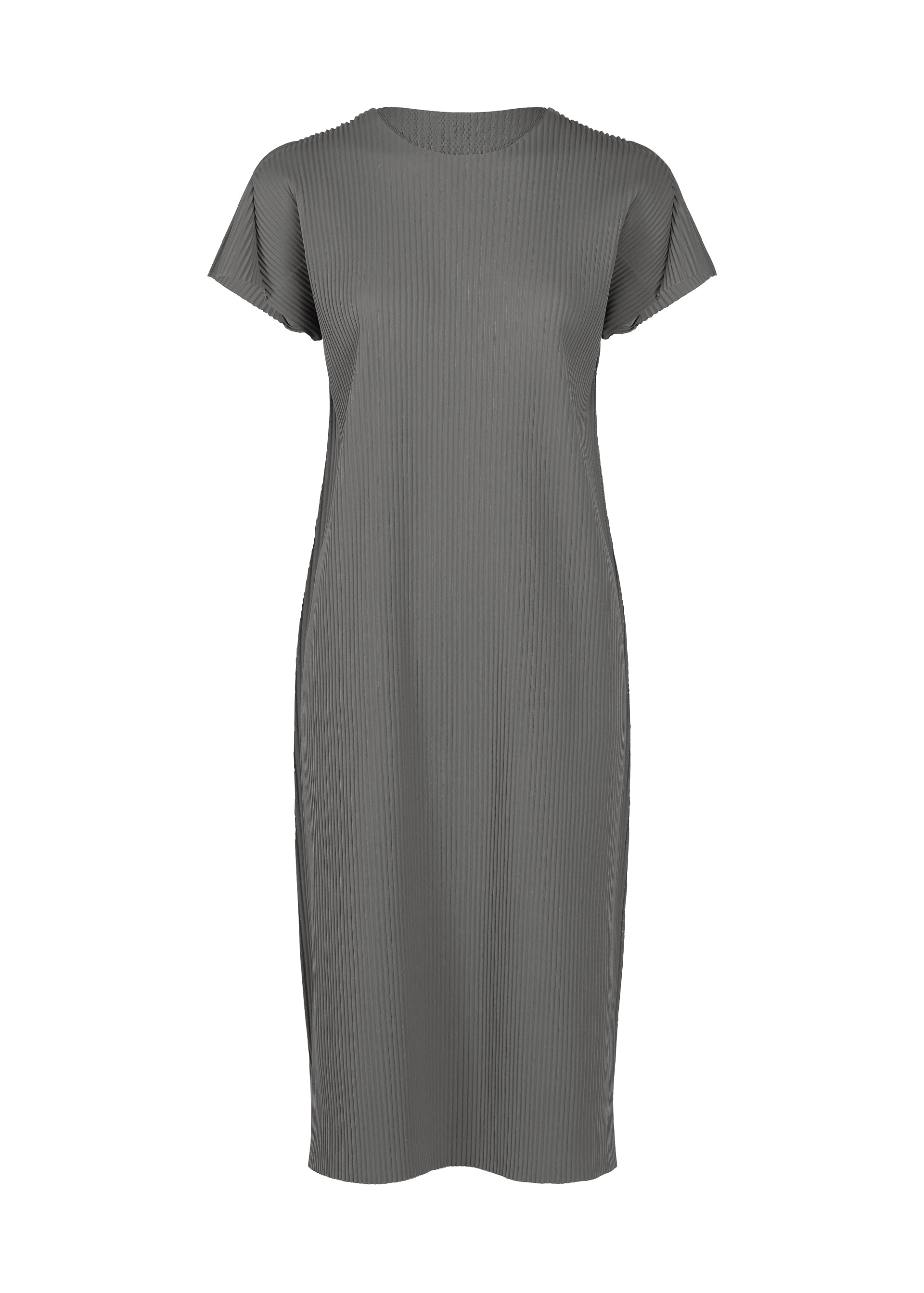 Zoomed view The “FINE KNIT PLEATS COLOR 2” dress from me ISSEY MIYAKE is a short-sleeved, knee-length grey ribbed knit dress featuring a round neckline and a straight, relaxed fit for effortless style and comfort. - CHARCOAL （no.14）