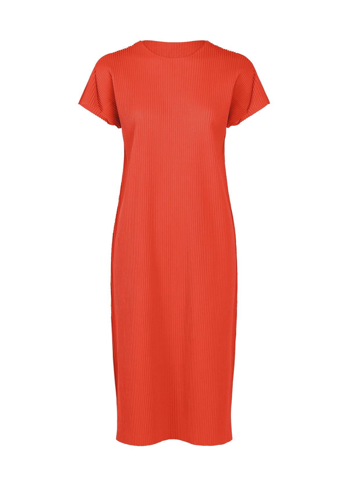 The “FINE KNIT PLEATS COLOR 2” dress by me ISSEY MIYAKE is a short-sleeved, knee-length, straight-cut orange dress with a ribbed texture shown on a white background—this lightweight knit design delivers effortless style for any occasion. view 2 of 9