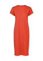 The “FINE KNIT PLEATS COLOR 2” dress by me ISSEY MIYAKE is a short-sleeved, knee-length, straight-cut orange dress with a ribbed texture shown on a white background—this lightweight knit design delivers effortless style for any occasion. - RED （no.24）