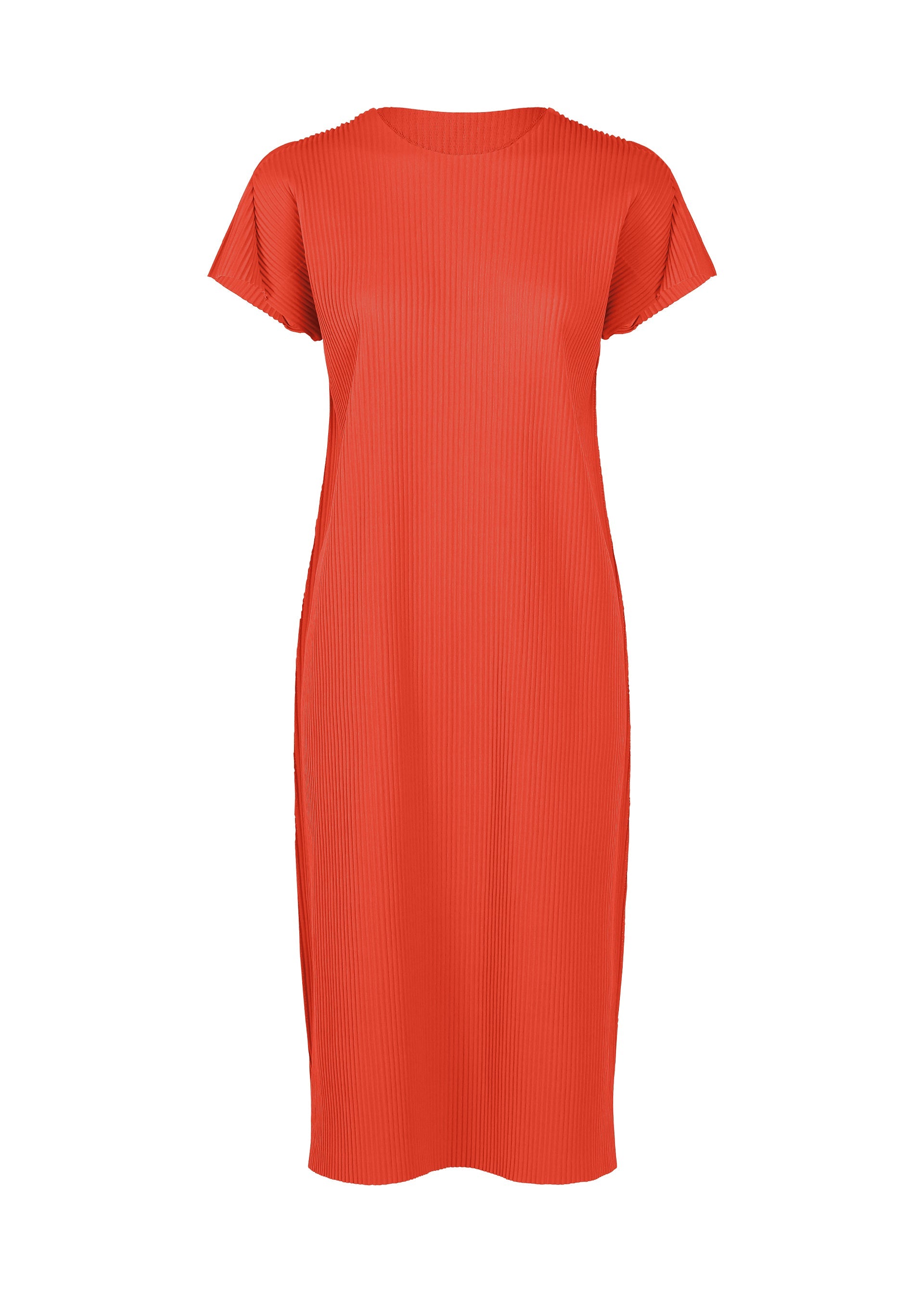 Zoomed view The “FINE KNIT PLEATS COLOR 2” dress by me ISSEY MIYAKE is a short-sleeved, knee-length, straight-cut orange dress with a ribbed texture shown on a white background—this lightweight knit design delivers effortless style for any occasion. - RED （no.24）