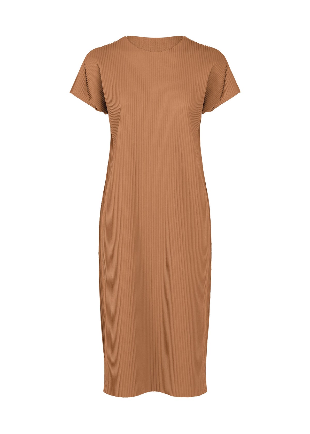 The FINE KNIT PLEATS COLOR 2 dress by me ISSEY MIYAKE is a short-sleeve, knee-length piece crafted from light brown ribbed fabric, with a crew neckline and straight silhouette, shown against a white background. view 3 of 9