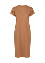 The FINE KNIT PLEATS COLOR 2 dress by me ISSEY MIYAKE is a short-sleeve, knee-length piece crafted from light brown ribbed fabric, with a crew neckline and straight silhouette, shown against a white background. - BROWN （no.44）